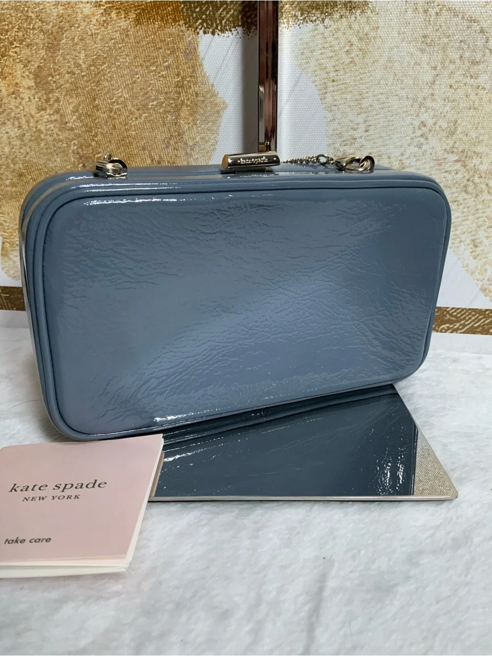 kate spade blue patent leather clutch with gold chain
